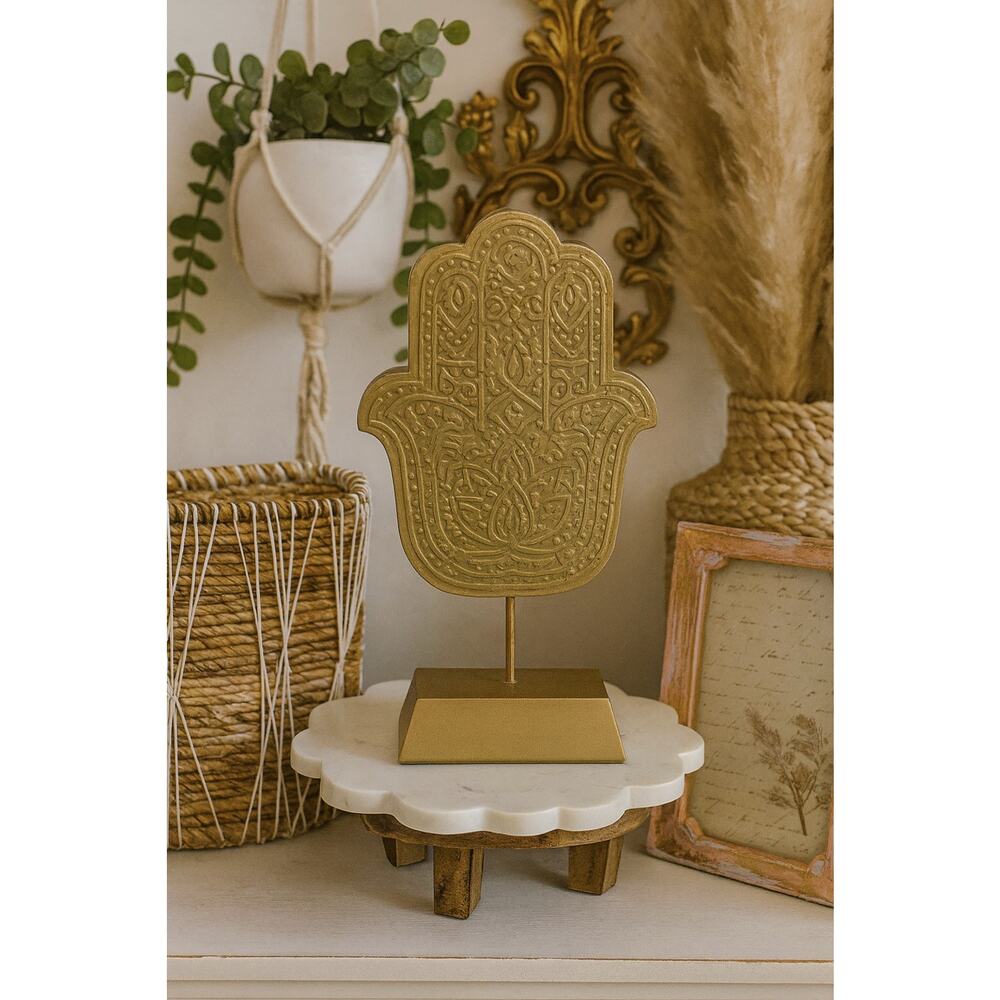 Antique Gold Tone Hamsa Statue Figurine Stand Rustic Mandala Home Art Decor Boho